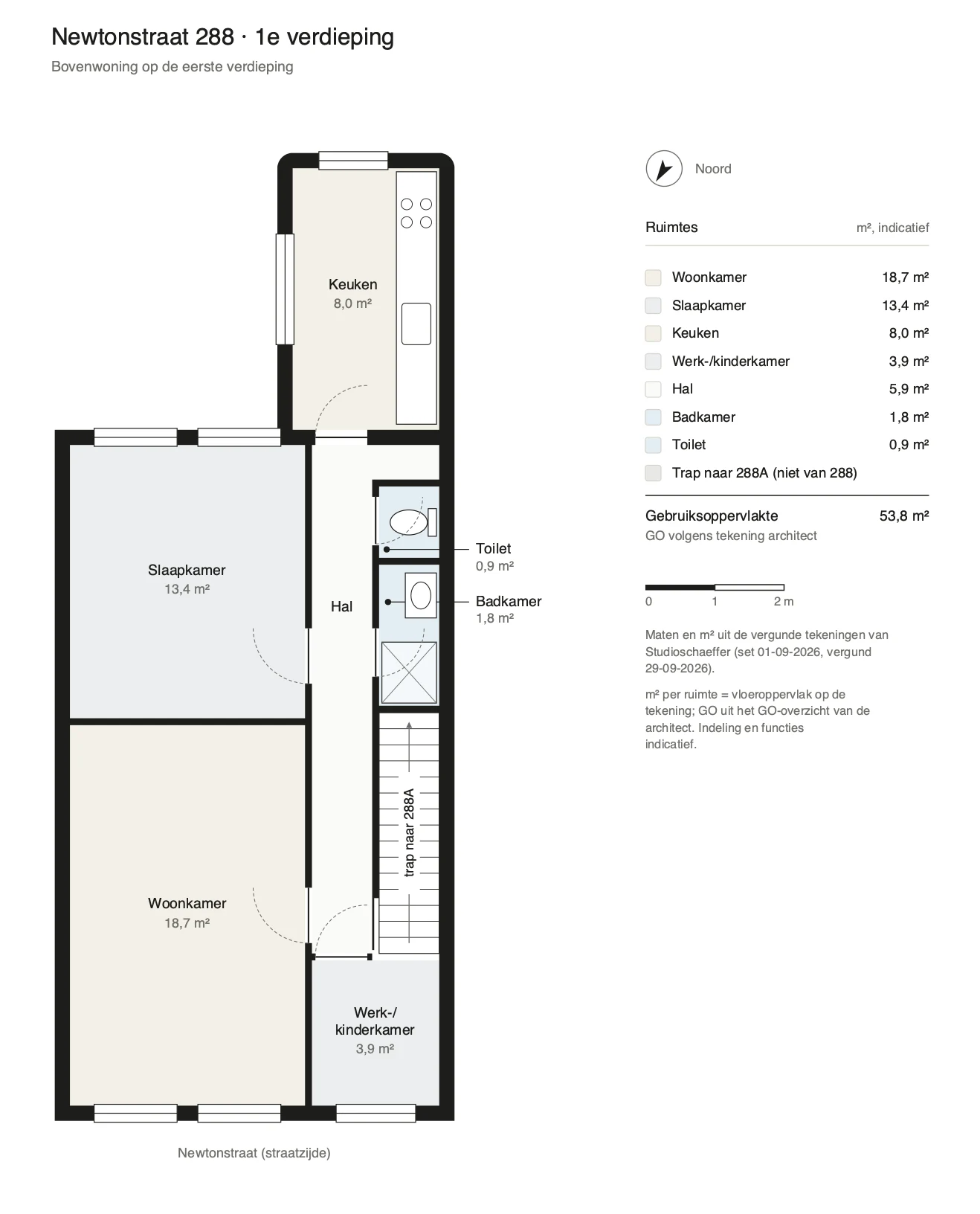 Plattegrond van de eerste verdieping van Newtonstraat 288 met ruimtes en maten