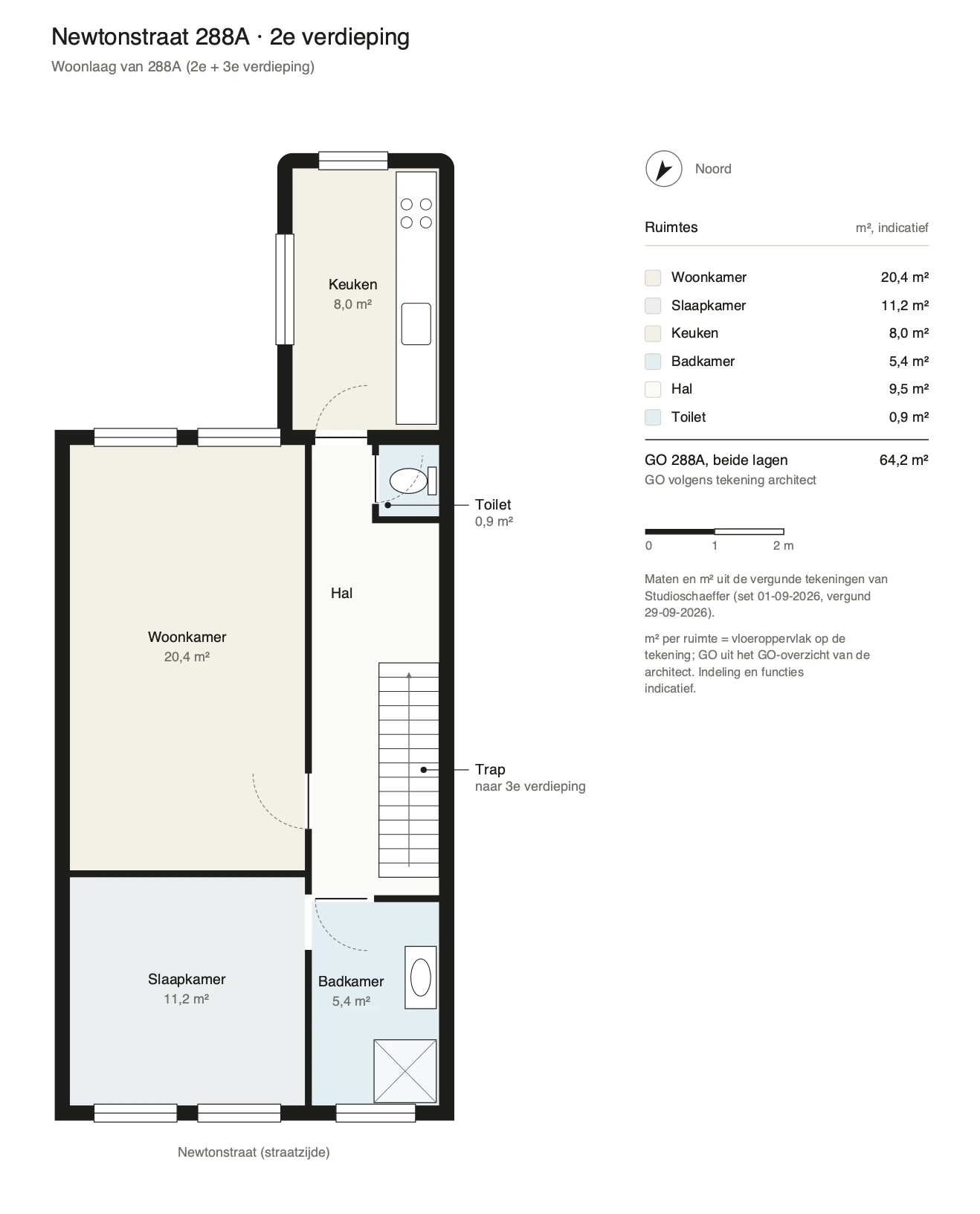 Plattegrond van de tweede verdieping van Newtonstraat 288A met ruimtes en maten