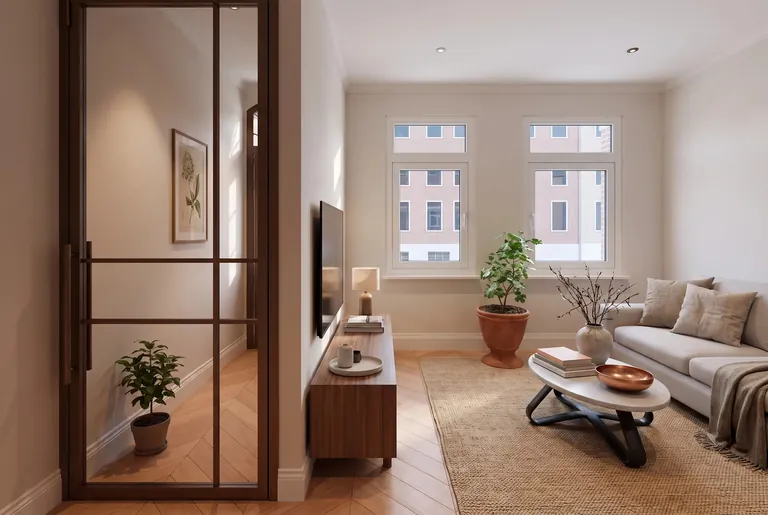 Woonkamer aan de straatkant met een stalen glasdeur naar de hal van Newtonstraat 286 (impressie)